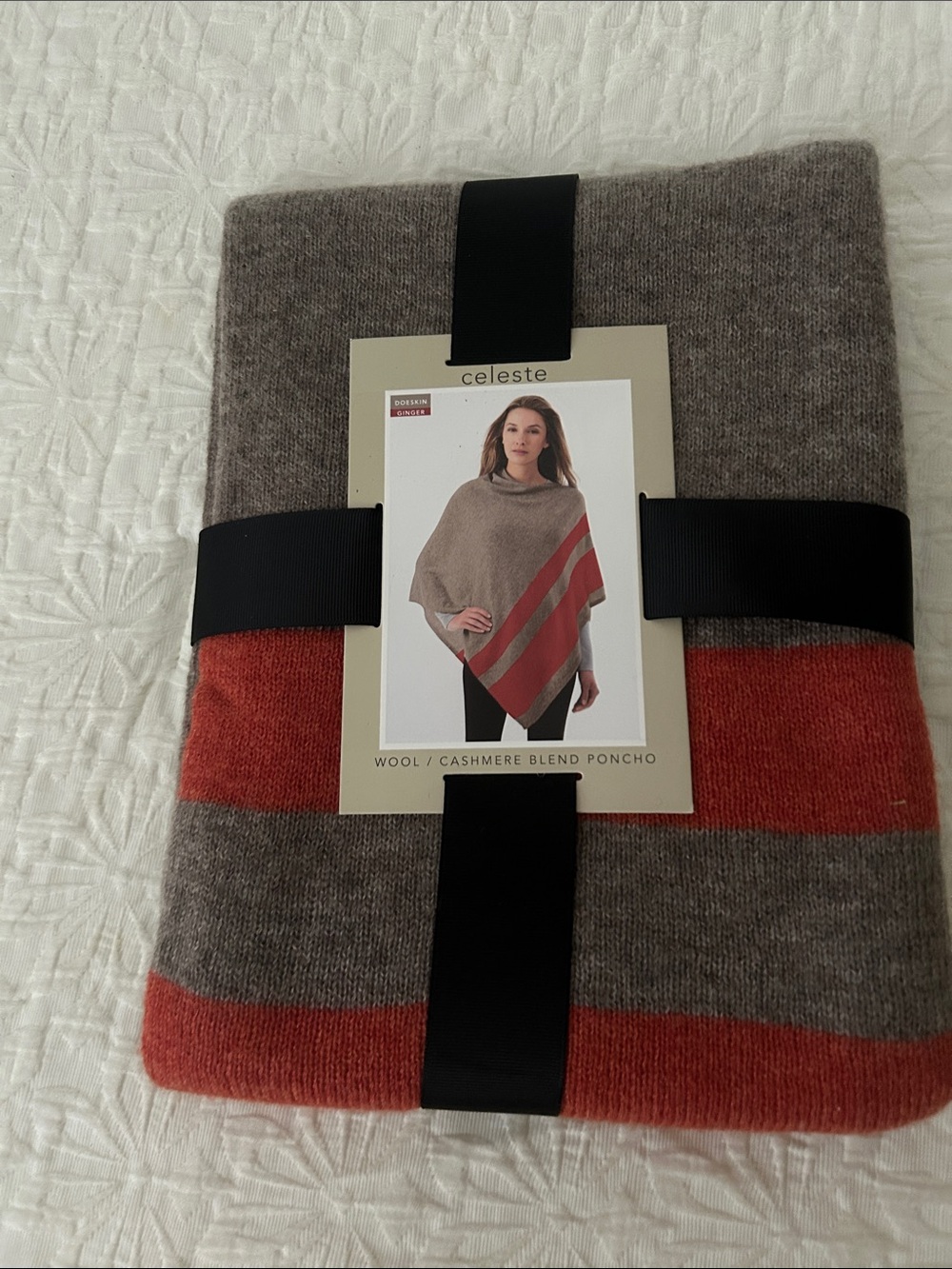 Celeste Taupe and Rust Striped Wool-Cashmere Poncho